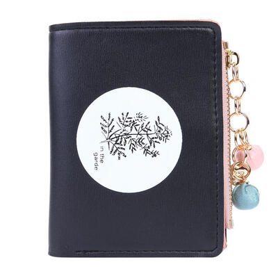 

Cute Women Bifold Purse Printing Beads Pendant Leather Wallet Card Holder