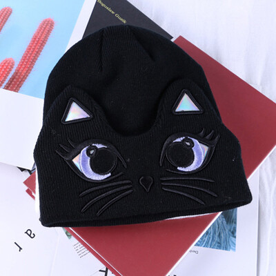 

Tailored Women Winter Warm Cartoon Cat Embroidery Knitted Sleeve Hat Plus Velvet Wool Cap