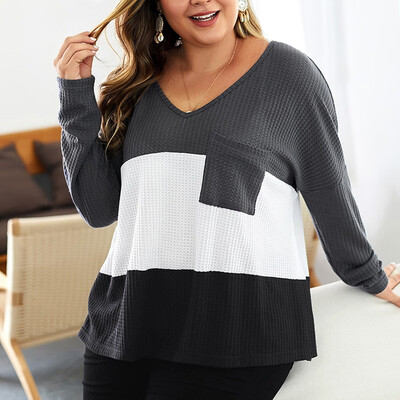 

Gobestart Womens Fashion Plus Size Stitching Pocket Long Sleeve Top Sweater