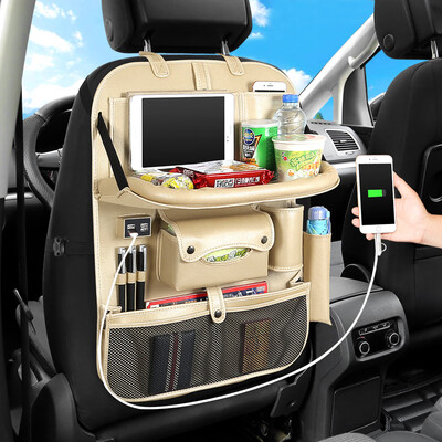 

4 USB PU Leather Car Seat Back Folding Portable Storage Box Multi-Use Car Organizer Portable Tissue Storage Bags Trunk Organizer