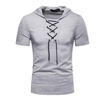 

Lace-up Hooded Cotton T-Shirt Loose Short Sleeve Tees Casual Tops For Men