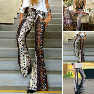 

Women Boho Hippie High Waist Loose Wide Leg Flared Bell Bottom Flroal Long Pant