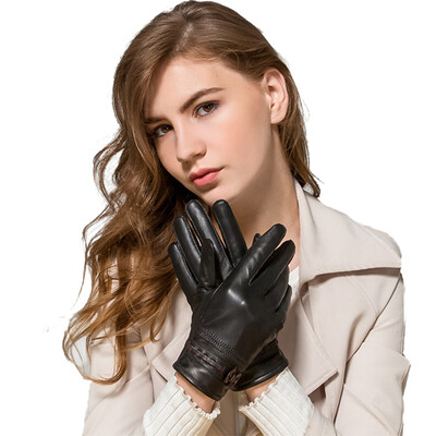 

GLO-STORY Gloves Female Sheepskin Gloves Womens Gloves Winter Plus Velvet Thicken Warm Hands Korean Wear Leather Purple Butterfly Gloves Gift Box WST844151 Black