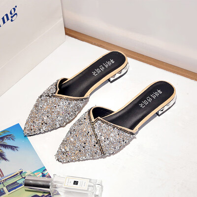 

Red slippers women wear 2019 spring new Korean version of Joker rhinestone sequins half slippers Baotou Mueller shoes tide