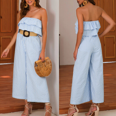 

Starmoon Women Ruffled Holiday Trousers Striped Print Jumpsuit Playsuit Beach Romper