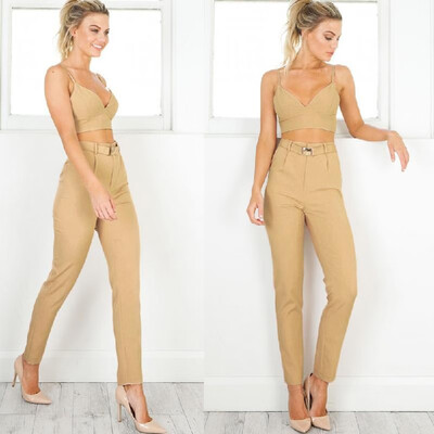 

New Women Casual Pants Pencil Trousers High Waist Pockets Solid OL Work Wear Leggings With Belt Khaki