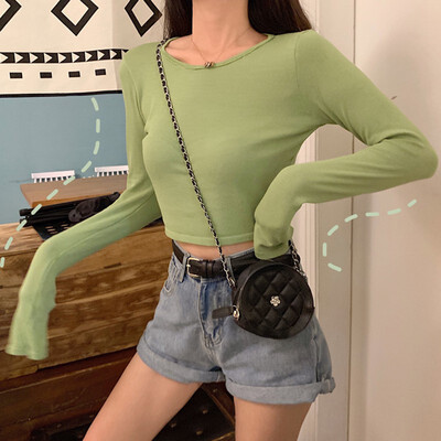 

Sexy Women Ladies Slim Short Tops Long Sleeve T Shirt Casual Solid O Neck Knitted Short Tops