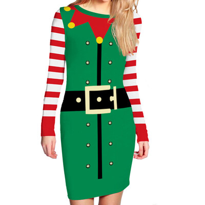 

Fashion Women Christmas Dress Christmas Cosplay Costume Digital Print Dress Long Sleeve Round Neck Dresses