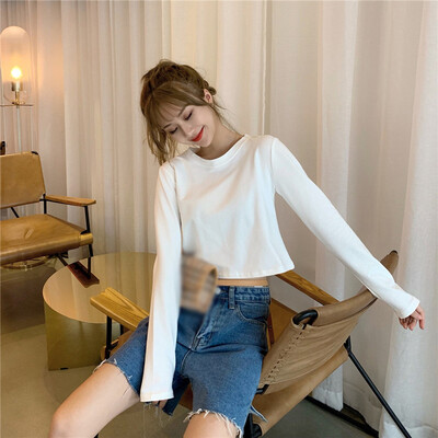 

Womens Solid Round Neck Loose Casual Crop Top Blouse Long Sleeve Warm Pullover