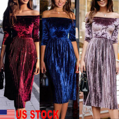 

US Women Off-Shoulder Velvet Formal Prom Dress Evening Party Cocktail Long Dress
