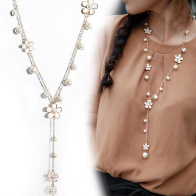 

Women&39s Elegant Pearl Flower Sweater Chain Long Pendant Necklace Fashion Jewelry