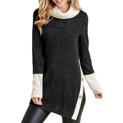 

Women winter new button open long section high collar loose sweater top
