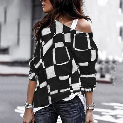 

New Womens Casual Loose Shoulder-bare Plaid Printed Long Sleeve Tops T-Shirt