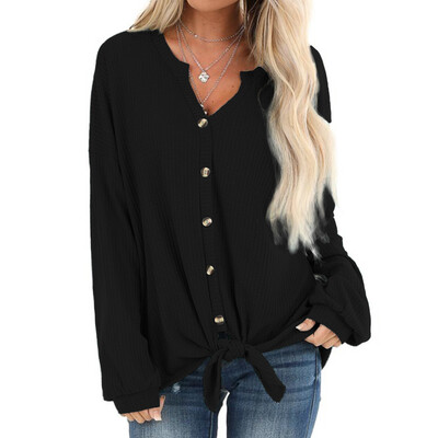 

Gobestart Womens Daily Loose Button Knit Tunic Blouse Tie Knot Tops Bat Wing Plain Shirts