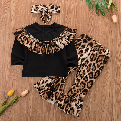 

3PCS Newborn Baby Girl Clothes Set Romper Leopard Top Long Pants Outfits Party