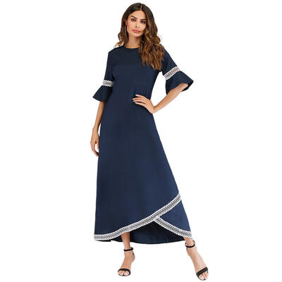 

Women Fashion Flare Sleeve O Neck High Waist Muslim Long Dress Casual Robe
