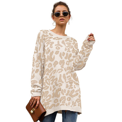 

Women Winter Leopard Printed Round Collar Loose Concise Casual Long Sleeve Personality Sweater