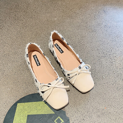 

Flat sole single shoe women wearing summer style Korean version of small fresh bow square head&shallow mouth ladle shoes with