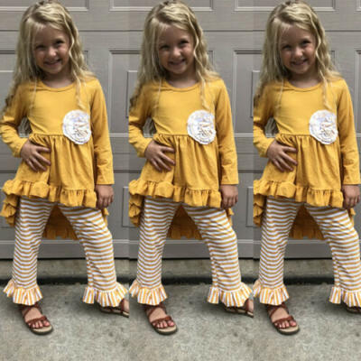 

Kids Baby Girls Ruffle Tops T shirt Dress Striped Pants Outfits Set Clothes