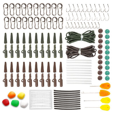 

143PCS Carp Fishing Tackle Box Clips Hooks Swivels Baiting Needles Terminal Rigs