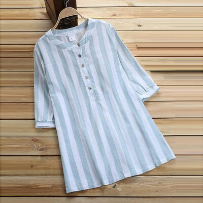 

Starmoon Womens New Cotton Solid Color Striped Half Sleeved Loose Blouse Casual Shirt