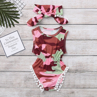 

Infant Baby Camouflage Print Jumpsuit Romper Bodysuit SunsuitHeadband Outfits