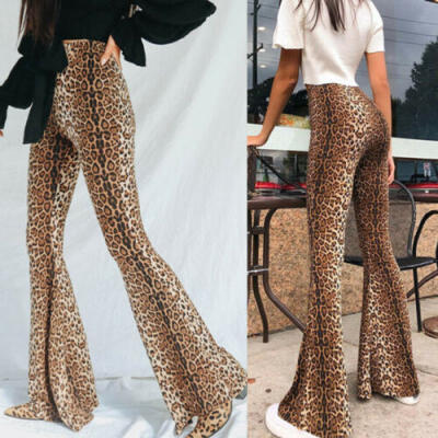 

Women High Waist Leopard Print Trousers Ladies Flare Bottom Casual Pants UK