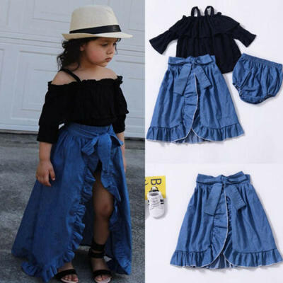 

Kids Baby Girls Summer Outfits Off Shoulder T-shirt TopsDenim DressShorts Set