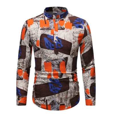 

Tailored Mens Ethnic Long Sleeve Casual Cotton Linen Printing Hawaiian Shirt Blouse