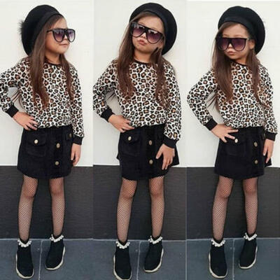 

UK Cute Kid Girl Long-sleeved Leopard Tops Short Skirt Autumn Clothes Set 1-6Y