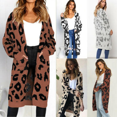 

Womens Leopard Print Cardigan Coat Tops Ladies Knitted Sweater Jumper Long Coat