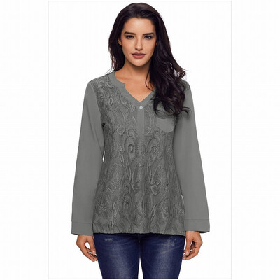 

V-neck button long sleeve lace casual blouse