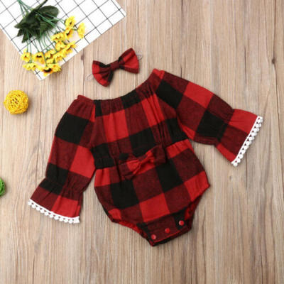 

US 2PCS Newborn Baby Girls Clothes Plaid Bowknot Romper Jumpsuit Bodysuit Outfit