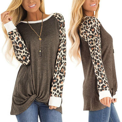 

Womens Leopard Long Sleeve Loose Blouse Ladies Casual T-Shirt Tops Shirts 6-16