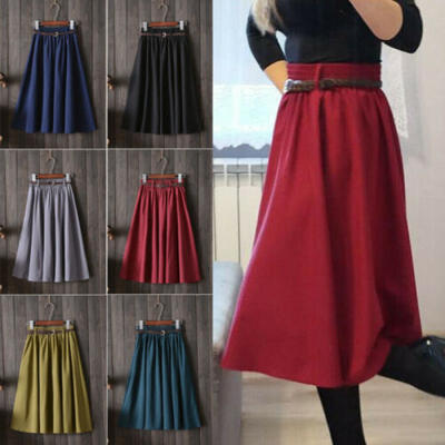 

Womens High Waist Stretch Knee Length Dress Flared Pleated Swing Plain Skirt