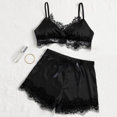 

2pcs Women Sexy Satin Lace Sleepwear Babydoll Lingerie Nightdress Pajamas Set