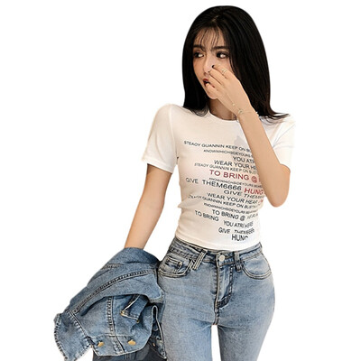 

Womens Korean Style Candy Color Round Neck Letter Print Short Sleeve Tight Crop Top T-Shirt