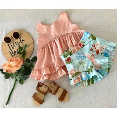 

UK Kids Baby Girls Summer Clothes Ruffle Sleeveless Tops Floral Shorts Outfits
