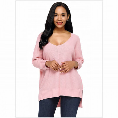 

V-neck long sleeve front short long long wool pullover loose casual knit sweater