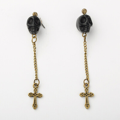

Dyed Synthetic Turquoise Skull Dangle Stud Earrings Iron Post Ear Studs with Iron Chains Tibetan Style Alloy Cross Pendants&