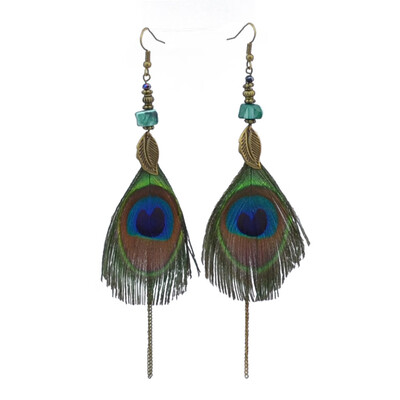 

Vintage Ethnic Style Peacock Feather Earrings Charming Dangle Drop Long Earrings for Women