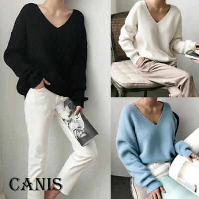 

Womens Wrap V Neck Tops Sweater Jumper Ladies Long Sleeve Loose Blouse Shirts US