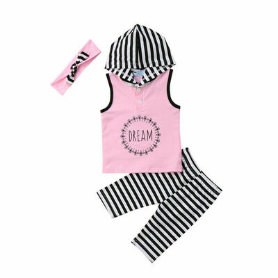 

Toddler Kids Baby Girl Hoodie Top Pants Striped Leggings Headband Outfit Clothes