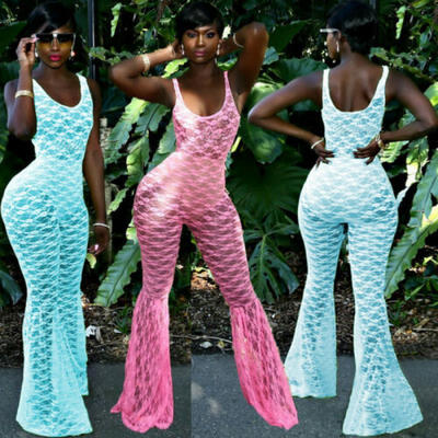 

Womens Sleeveless Lace Mesh Bodycon Jumpsuit Romper Cocktail Playsuit Long Pants