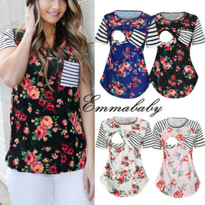 

Women Maternity Breastfeeding Tops Short Sleeve Nursing T-shirt Floral Blouse