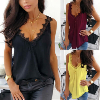 

Women Lace Sleeveless Vest Tank Tops Ladies Loose V-Neck Camisole Blouse T-Shirt
