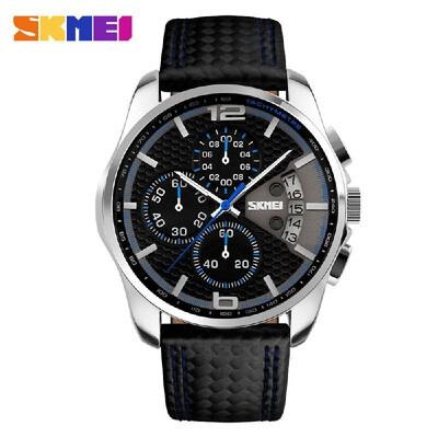 

SKMEI New Men Sport Watch Leather Fashion Waterproof Date Luxury Business Man Chronograph Watch Black
