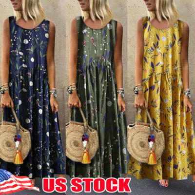 

Women Boho O-Neck Floral Maxi Dress Sleeveless Casual Kaftan Tunic Plus Size US