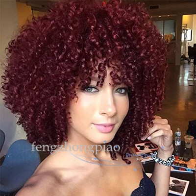 

FZP Short Curly Wigs With Bangs Wine Red Color afro Hair Synthetic Pixie Cut Wigs For Black Women