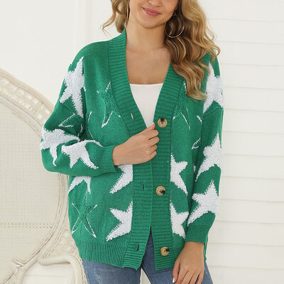 

Tailored Women V-Neck Printed Button Long Sleeve Knitted Sweater Loose Cover Up Cardigan